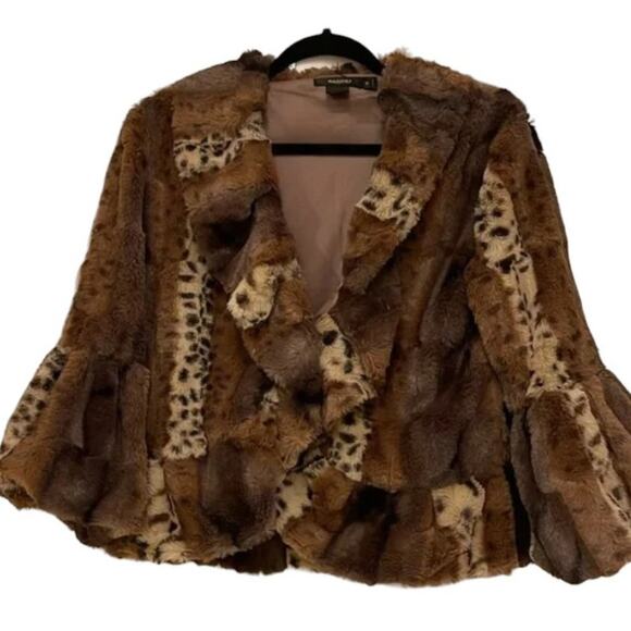 Y2K Pea Coat Sz M Animal Print Faux Leopard Patchwork Jacket Cropped Bell Ruffle